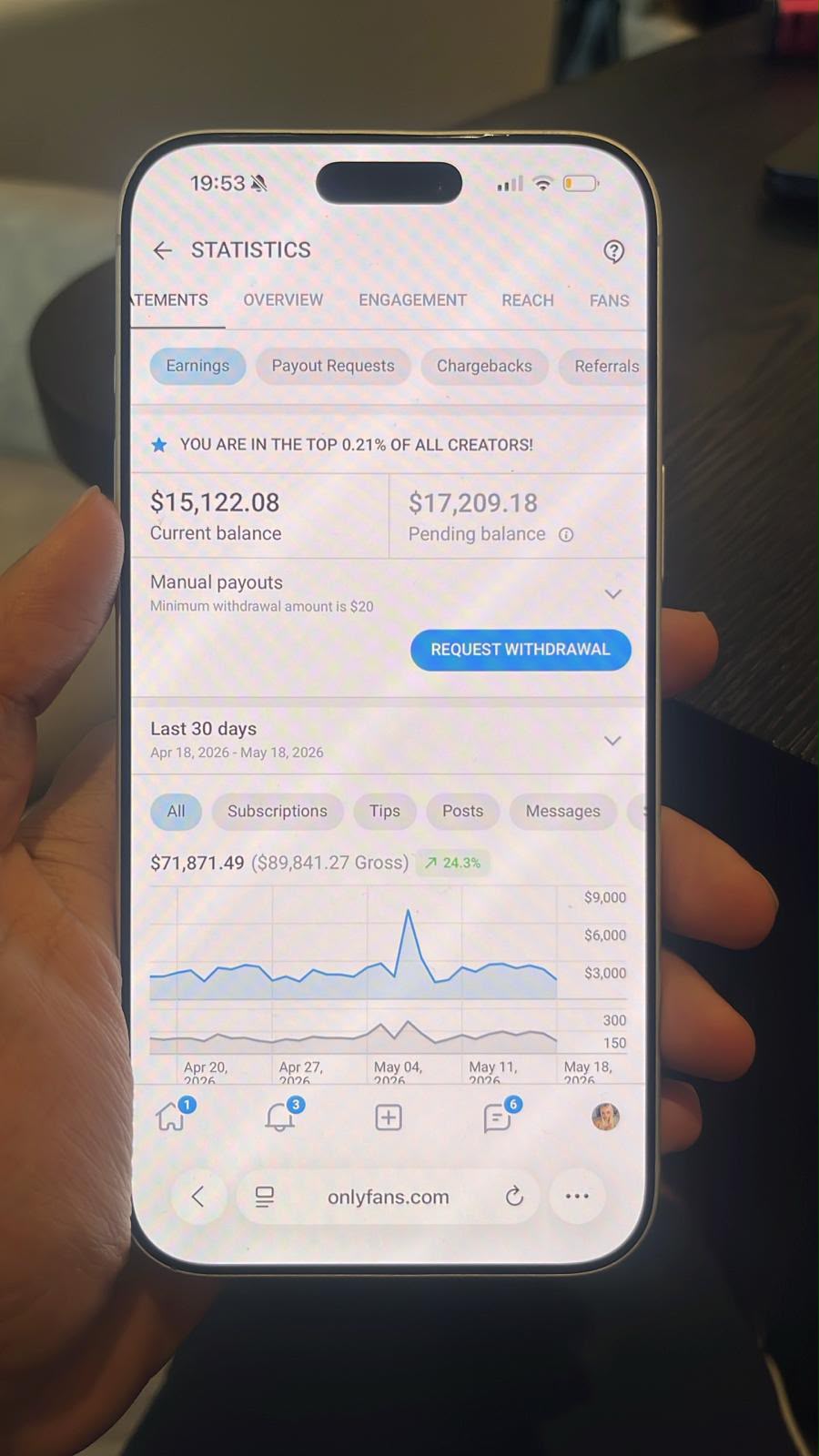 OnlyFans statements page showing $71,871.49 net earnings over 30 days
